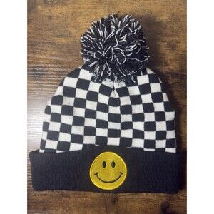 Smiley Face On Black And White Checkered Knit Cuffed Beanie With Pom-Pom